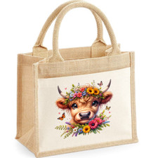 Personalised XL Jute Tote Bag Cute Highland Cow with Flowers Add your name/text