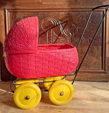 Vintage 60/70's Red Wicker Plastic Polly Pram - Dolls Pram (similar to Coronet)