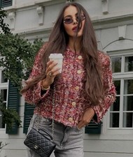 ZARA BURGUNDY COTTON CHUNKY KNIT TEXTURED GOLD BUTTON CARDIGAN BOUCLE BLAZER NEW