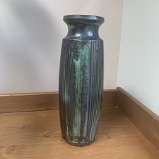 Vintage Llangollen Studio Pottery Vase Made In Wales Tall Green Black Glaze 70s