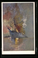 Artist Postcard Harry Heusser: Destruction of the Largest Italian Motor Sailer 1