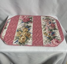 Set of 10 Quilted Floral Placemats Pink Rose Stripe Reversible Cottagecore