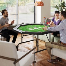 8 Player Folding Poker Table, Portable Blackjack Table with Cup Holder, Green