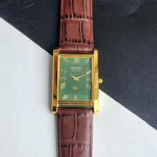 vintage Seiko Slim Tank Quartz Men Green Dial Brown Strap Dress Watch UK41