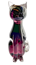 Murano Sitting Prissy Cat Sculpture Amethyst Clear Sommerso 8” Tall 1980’s