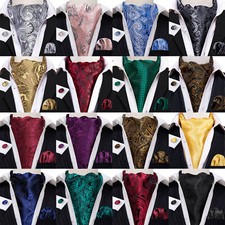 Mens Ascot Cravat Black Paisley Jacquard Hankie Cufflinks Tie Set