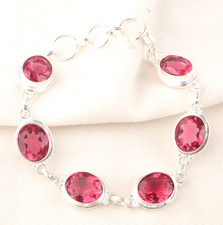 Pink Tourmaline Gemstone 925 Sterling Silver Handmade Jewelry Bracelet 8"