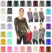 Women’s Ladies Long Sleeve Stretch Plain Round Scoop Neck T Shirt Top