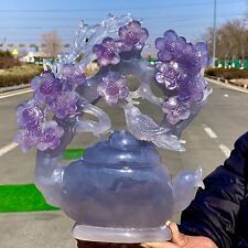 6.0LBNatural fluorite crystal carved Plum Flower Bird Teapot‘xi shang mei shao’
