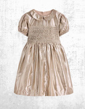 Girls Mini Boden Party Dress Gold Smocked Collared Belted (A Bit Defect)