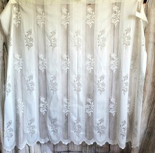 All White Striped And Floral Net Curtain, Tab Top, Bevelled Hem, W54" D50"