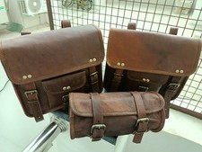 Leather Motorcycle Saddle Bag 3 Brown Side Panniers Luggage Saddlebags Tool Bags