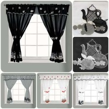 New Kitchen Window Curtain Set Rod Pocket Embroidered Attached Valance Tiebacks