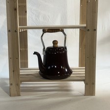 Vintage Enamelled Metal Tea Pot with Wooden Handles Chocolate Brown