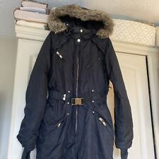 Size 12 Black Topshop Sno Ski Snow Belted All In One Ski Suit Faux Fur Hood Vgc.