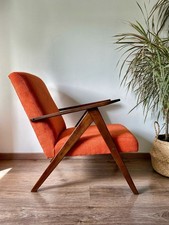 Burned Orange Linen Mid Century Danish Style Armchair.