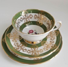 Vintage Royal Grafton Tea Cup Saucer & Side Plate Trio Green And Gold