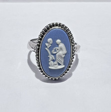 Vintage Wedgwood Blue Jasperware Sterling Silver Cameo Ring Size M 1970s