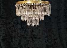 Beautiful Vintage French 3 Tier 3 Light Brass Crystal Waterfall Flush Mount