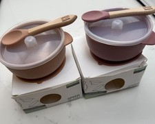 2 X Green Island Silicone Suction Baby Bowl with Lid and Bamboo Spoon Set