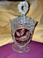 VINTAGE HOFBAUER GERMAN RUBY RED BIRD CRYSTAL CANDY DISH WITH LID. Excellent con
