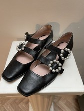 Miss L Fire Molly Pearl Buckle Flat Ballet Shoes Black Leather EU40 UK7