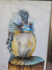 Original watercolour painting of a baby kingfisher bird framed signed JJ 20