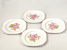 Stanley Pink Rose Side Plates 4 Piece Fine Bone China Floral White Square