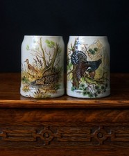 Pair of Vintage Ceramic Beer Steins – Hand Painted Hunting Birds Motif – 0.5L