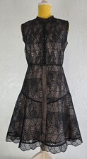 Reiss Black Lace Sleeveless Fit & Flare Dress UK 10 Nude Lined Party Cocktail