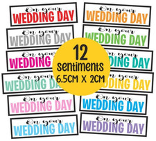12 Mixed Colour WEDDING DAY Sentiments/Banners Hand Made Card Toppers (B1GWED)