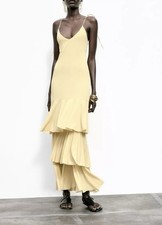 Zara Yellow Midi Ruffle Dress V Neck Thin Adjustable Straps With Ties S Bloggers