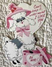 Unused Valentine White Poodle Pink Hat Box Bow Vintage Greeting Card 1960s