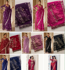 Mirror Embroidery saree indian wedding party wear georgette silk sari & blouse
