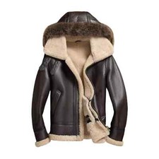 Men’s MF7 Aviator Bomber RAF Pilot Flying Brown Leather Jacket B3 Removable Hood