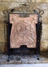 Antique Art Nouveau Fire Guard Fire Screen Copper & Wrought Iron Water lilys