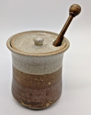 Linda Sharpless Handmade Ceramic Honey Pot Jar Stoneware~ Wooden Stirrer~Stamped