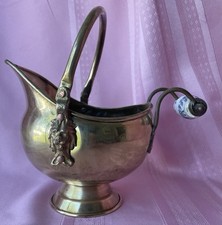 Antique Brass Coal Scuttle Bucket w/Lion Head Decor & Delft Style Ceramic Handle