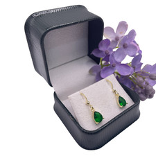 Yellow Gold Finish Emerald Pear Cut 3 Claw Dangle Drop Earrings With Gift Box