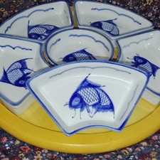 Dipping Dishes 6x with Wooden Lazy Susan Base Plate Chinese Blue Koi Carp Mint 
