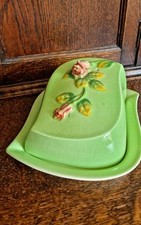 Pretty Vintage Royal Winton Grimwades Green Rosebud Lidded Butter Dish