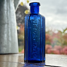 Blue 1 oz Vintage Glass Not To Be Taken Embossed Hexagonal Blue Poison Bottle