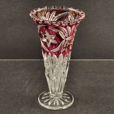 Hofbauer Star Flower Vase Ruby Red & Clear Glass Cased 24% Crystal 6.75" Germany