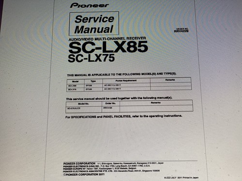 Pioneer lx85 service - sc-lx85, manual