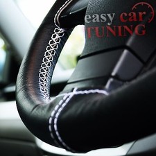 FOR FORD MONDEO MK4 07-14 BLACK GENUINE LEATHER WHITE STEERING WHEEL COVER NEW