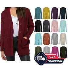 Women Ladies Cable Chunky Knit Cardigan Button Long Sleeves Grandad Cardigan