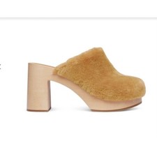 Hasbeens Swedish Fluff High Heel Platform Clogs Wood Tan Shearling Mules Size 38