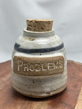 Vintage Golden Age Pottery ‘Problems’ Corked / Lid Jar Collectible Stoneware