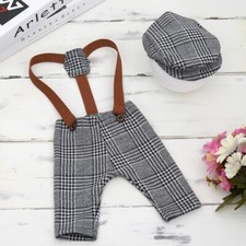 Newborn Baby Photography Props Tweed Suspender Braced Trousers+ Flat Cap Set