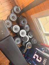 home gym equipment used - Dumbbells, bench and straight bar 